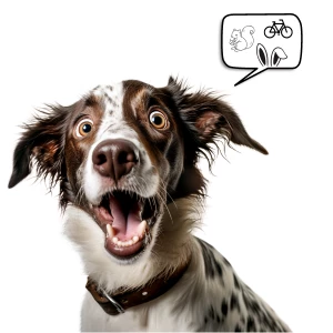 A dog with an open mouth and a thought bubble above it with squirrels, rabbit ears and a bike